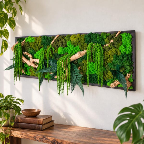 Preserved Moss Wall Art, Driftwood, Botanical Forest Jungle Frame, Greenery Home Decor
