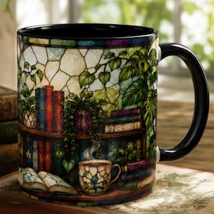 May include: A ceramic mug with a black handle and interior, featuring a wrap-around stained glass style illustration of a bookshelf filled with colorful books, trailing green potted plants, and a small steaming cup of coffee on a wooden shelf.