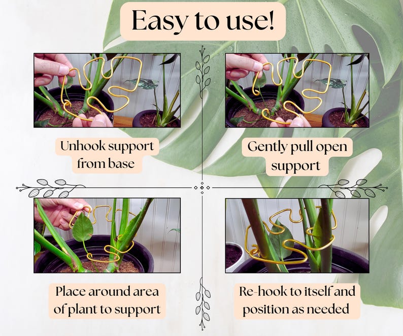 Soportes para plantas con forma de hoja de monstera, soportes decorativos para plantas de interior, bonitos adornos para macetas, enrejado para plantas de estilo bohemio artesanal. imagen 4