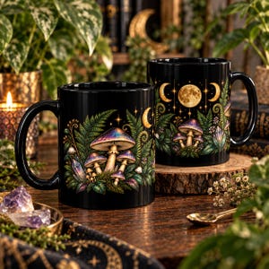 May include: Two black ceramic mugs featuring a vibrant, detailed illustration of various mushrooms, green ferns, and small crystals. The design includes a full moon and crescent moon phases set against a dark background with small, glowing star accents.