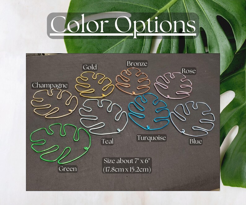 Puede incluir: Variedad de formas de hojas de alambre en colores como oro, bronce, rosa, champ&aacute;n, verde, turquesa, azul y verde azulado. El texto "Color Options" est&aacute; en la parte superior. Tama&ntilde;o aproximado de 17,8 cm x 15,2 cm.