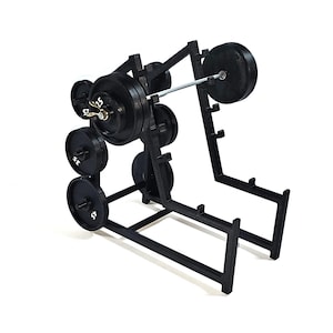 May include: Black metal weightlifting squat rack with a barbell and weight plates. The rack has a vertical frame with two horizontal bars and a base with two legs. The barbell is attached to the rack with a metal bar. The weight plates are stacked on the barbell.