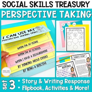 Puede incluir: Un conjunto de recursos imprimibles coloridos para enseñar habilidades de toma de perspectiva. El conjunto incluye un libro de bolsillo, actividades y una respuesta escrita a una historia. El título del conjunto es "Social Skills Treasury: Perspective Taking, Set 3".