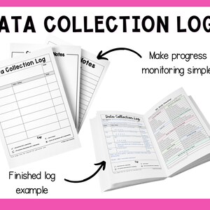 May include: A black and white image showing two different types of data collection logs. The first log is a simple table with columns for skill/objective, date, notes, and total. The second log is a more detailed checklist with columns for different skills and objectives. The text "Data Collection Logs" is at the top of the image. The text "Make progress monitoring simple!" is in the upper right corner of the image. The text "Finished log example" is in the lower left corner of the image.