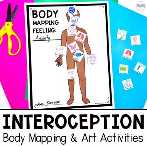 May include: A body mapping worksheet titled Body Mapping Feeling: Anxiety with a brown human figure outline. Various square cards with icons and labels like Clenched, Fast Heart, Shallow Breath, Fluttering, Knotted, Tingling, and Tense are attached.