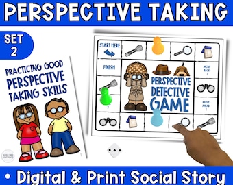 Gioco sulle abilità sociali di assunzione di prospettiva e set di storie sociali 2, schede di lavoro e flashcard per bambini per esercitarsi nelle abilità comunicative empatiche.