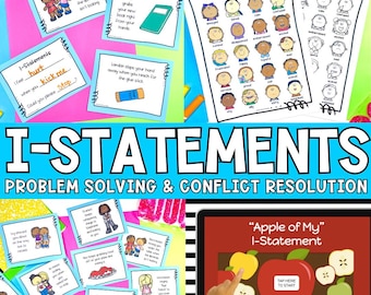 Juego imprimible de resolución de conflictos con la declaración "I", herramientas de terapia de aprendizaje socioemocional, fichas y hojas de trabajo para educación en casa.