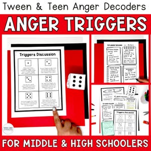 Pode incluir: Gráfico vermelho e branco com o texto "ANGER TRIGGERS" e "Tween & Teen Anger Decoders". A imagem inclui planilhas com prompts de discussão e um dado. A parte inferior da imagem diz "FOR MIDDLE & HIGH SCHOOLERS."