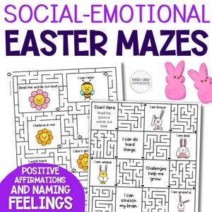 Peut inclure: Graphique violet et blanc avec le texte "SOCIAL-EMOTIONAL EASTER MAZES". L'image comprend deux labyrinthes avec des affirmations positives et des illustrations sur le thème de Pâques, ainsi que deux Peeps roses.