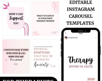 May include: A set of four pink and white Instagram carousel templates for therapists. The templates feature text about therapy, anxiety, and support. The templates are designed in a modern and minimalist style.