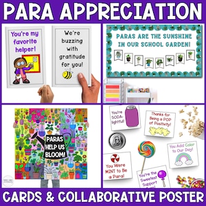 Puede incluir: Una colección de tarjetas de agradecimiento y un póster colaborativo con un tema púrpura. Las tarjetas presentan mensajes como "¡Eres mi ayudante favorito!" y "¡Estamos llenos de gratitud por ti!" El póster dice "Paras help us bloom!"