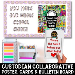 Puede incluir: Un conjunto colaborativo de carteles, tarjetas y tablones de anuncios para conserjes. El cartel tiene el texto "You Make Our Whole School Shine!" y una ilustración colorida. Una tarjeta dice "You're the heart behind our clean halls!"