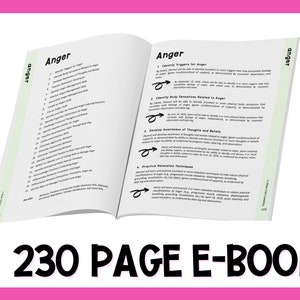 May include: A close-up of an open book with the word "Anger" in bold, black text on the page. The book is titled "230 Page E-Book" and is a resource for managing anger.