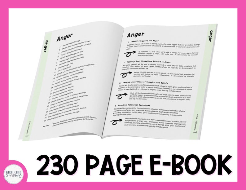May include: A close-up of an open book with the word "Anger" in bold, black text on the page. The book is titled "230 Page E-Book" and is a resource for managing anger.