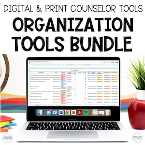 May include: A laptop computer displaying a spreadsheet with the title "SEL Activities" on a desk with a red apple, a stack of colorful books, and a potted plant. The laptop screen shows a Google Sheet with columns for "Activity Title", "Location", "SEL Content", "Drop", "Digital", "Links", "Google Links", "Comprehensions", "ARCA Products", "ARCA Behaviors", and "ARCA Rewards". The title of the image is "Digital & Print Counselor Tools Organization Tools Bundle".