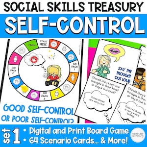 Puede incluir: Un juego de mesa imprimible para enseñar habilidades sociales de autocontrol. El juego incluye un tablero de juego colorido con un spinner y 64 cartas de escenario. El texto en el tablero de juego dice "Good Self-Control or Poor Self-Control". El texto en las cartas de escenario dice "Say the Thought Out Loud" y "Should they keep the thought in their head or say it out loud?"