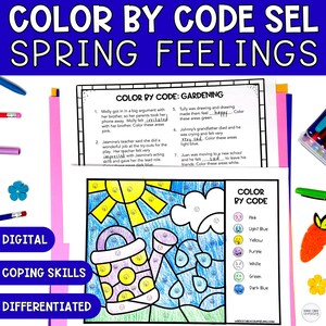 Peut inclure: Activité de coloriage par code pour les enfants avec un arrosoir, un soleil, des nuages et des gouttes de pluie. L'activité comprend une légende de couleurs avec différentes émotions et les couleurs correspondantes. Le texte sur la page indique "Coloriage par code : Jardinage".