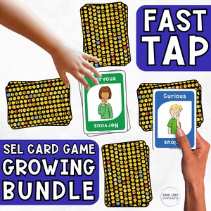 以下が含まれることがあります： 絵文字の顔と感情をテーマにしたイラストが特徴のカードゲーム。 「Nervous」と「Curious」というラベルのカードが含まれており、画像には「FAST TAP」と「SEL CARD GAME GROWING BUNDLE」というテキストが表示されています。