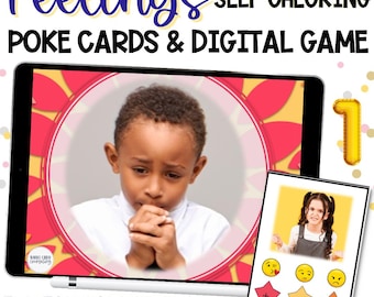 May include: A digital game for kids to learn about feelings. The game features a boy with a sad expression and a girl with an angry expression. The game includes a self-checking feature with emojis and plus signs.
