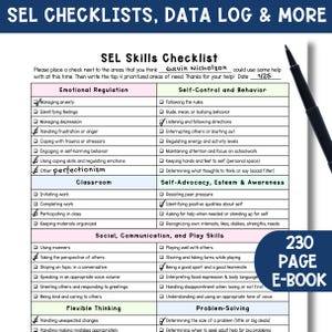 May include: A printable checklist for social and emotional learning (SEL) skills. The checklist is divided into categories such as emotional regulation, self-control and behavior, self-advocacy, esteem and awareness, social communication and play skills, flexible thinking, and problem-solving. The checklist includes a space for a name, date, and a section for the top 4 prioritized areas of need.