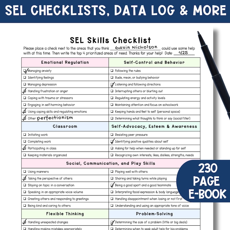 May include: A printable checklist for social and emotional learning (SEL) skills. The checklist is divided into categories such as emotional regulation, self-control and behavior, self-advocacy, esteem and awareness, social communication and play skills, flexible thinking, and problem-solving. The checklist includes a space for a name, date, and a section for the top 4 prioritized areas of need.