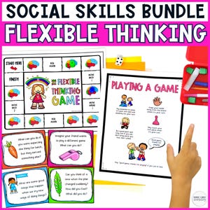 May include: A social skills bundle titled Flexible Thinking featuring a board game with a rainbow illustration, a Playing a Game instruction sheet, and colourful question cards with graphics of a carrot, a whistle, and a green leaf.