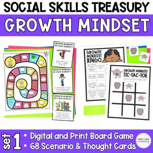 Puede incluir: Un conjunto de juegos educativos para niños para aprender sobre la mentalidad de crecimiento. El conjunto incluye un juego de mesa, tarjetas de bingo y un juego de tres en raya. Los juegos presentan ilustraciones coloridas de cerebros y burbujas de pensamiento. El texto en los juegos incluye frases como "Mentalidad de crecimiento o mentalidad fija?" y "Prueba un nuevo desafío".