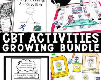 May include: A collection of educational materials including a spiral-bound book titled Brooklynn's Thoughts, Feelings & Choices Book, a football-themed board game, a computer monitor displaying a thought bubble, and flower pot activity cards.