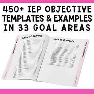 May include: A pink and white book with the title "450+ IEP OBJECTIVE TEMPLATES & EXAMPLES IN 33 GOAL AREAS" and a table of contents listing various topics.