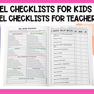 May include: A printable checklist for kids and teachers to help with social emotional learning (SEL). The checklist includes categories such as emotional regulation, self-control, classroom, social communication, flexible thinking, problem solving, and self-advocacy. The checklist is designed to help identify areas where a child or teacher may need support.