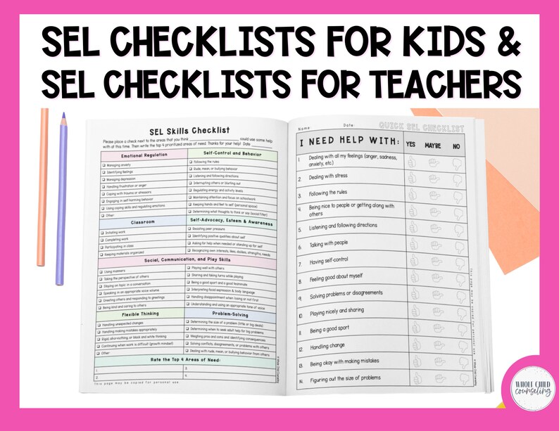 May include: A printable checklist for kids and teachers to help with social emotional learning (SEL). The checklist includes categories such as emotional regulation, self-control, classroom, social communication, flexible thinking, problem solving, and self-advocacy. The checklist is designed to help identify areas where a child or teacher may need support.
