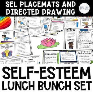 May include: A set of colorful self-esteem lunch bunch placemats with activities for kids. The placemats feature a variety of themes, including drawing, writing, and sharing. The placemats are designed to help kids build self-confidence and self-awareness.