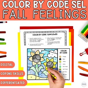 Fall Sunflower Color By Code, Feelings Activity, Autumn Coloring Sheets, Coloring Emotions Page, School Counselor Activities, Kids Coloring