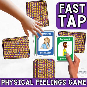 以下が含まれることがあります： 絵文字の顔と感情のイラストが描かれたカードゲーム。ゲームには、「気が散る」と「集中」というラベルのカードが含まれており、紫色のボックスに「FAST TAP」というテキストが表示されています。ゲームのタイトルは「PHYSICAL FEELINGS GAME」です。