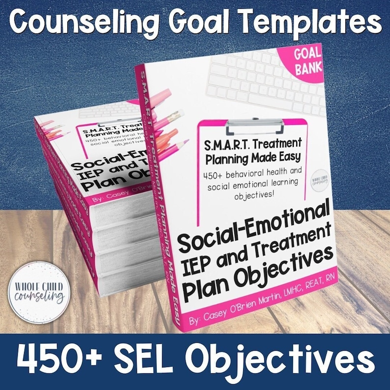 May include: A stack of pink and white books titled "S.M.A.R.T. Treatment Planning Made Easy" with the text "Social-Emotional IEP and Treatment Plan Objectives" and "450+ SEL Objectives" on the cover. The book is by Casey O'Brien Martin, LMHC, REAT, RN.