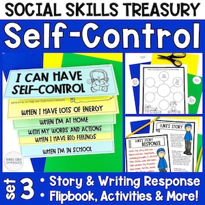 Peut inclure: Un ensemble de ressources imprimables pour enseigner les compétences de maîtrise de soi. L'ensemble comprend un livre à feuilleter, des activités et une histoire avec des invites de réponse écrite. Le livre à feuilleter présente un design coloré avec le texte "Je peux avoir de la maîtrise de soi" et "paisible, pour m'aider à me sentir plus détendu". Les activités comprennent un organisateur graphique et une histoire sur un garçon nommé Luke.