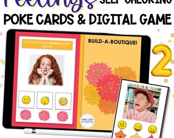 May include: A digital game for children to learn about feelings. The game features a tablet screen with a cartoon image of a girl with a worried expression. The screen also shows three emoji faces, one of which is a worried face. The game also features a build-a-boutique game with a picture of a crying boy. The game is labeled "Feelings Self-Checking Poke Cards & Digital Game".