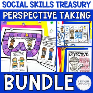 May include: A bundle of social skills resources for teaching perspective taking. The bundle includes a game board, game cards, and a printable worksheet. The game board is a colorful board game with a variety of activities. The game cards are black and white and feature different scenarios. The worksheet is a black and white printable with a detective theme.