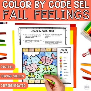 Color By Code Fall Feelings Bird, Feelings Activity, Autumn Homeschool Printable, Coloring Emotions, School Counselor Activities, Kids Color
