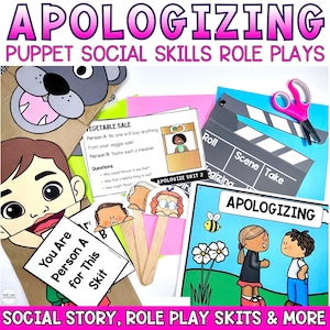 May include: Educational kit titled APOLOGIZING PUPPET SOCIAL SKILLS ROLE PLAYS featuring paper puppets, craft sticks, printed skit cards with text like VEGETABLE SALE and You Are Person A for This Skit, a movie clapperboard, and pink scissors.