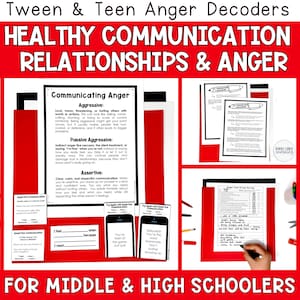 May include: Educational materials for middle and high schoolers on healthy communication and anger management. The image features text on assertive, aggressive, and passive-aggressive communication styles, with examples and worksheets. Includes the text "Tween & Teen Anger Decoders".