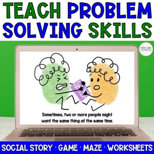 Op de afbeelding: Een laptopscherm toont een cartoon met een groen vingerafdrukpersonage en een oranje vingerafdrukpersonage die aan een paars boek trekken. De tekst luidt: Sometimes, two or more people might want the same thing at the same time. Bovenaan staat TEACH PROBLEM SOLVING SKILLS.