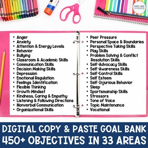 May include: A pink binder with a list of 450+ social-emotional learning objectives in 33 areas. The list includes skills such as anger management, communication, self-esteem, and more. The text "DIGITAL COPY & PASTE GOAL BANK" and "450+ OBJECTIVES IN 33 AREAS" is printed at the bottom of the binder.
