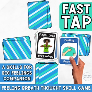 以下が含まれることがあります： 感情呼吸思考スキルゲーム用のカードのセット。カードには青と白の斜めストライプがあり、「Finger Lock」や「Feeling」などのイラストとテキストがいくつかあります。「FAST TAP」という言葉は緑色のボックスに入っています。