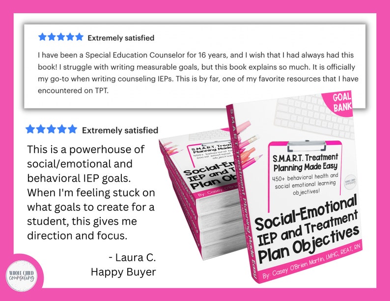 May include: A book titled "Social-Emotional IEP and Treatment Plan Objectives" by Casey O'Brien Martin, IMHC, REAT, RN. The book cover is pink and white with a stack of books behind it. The book is described as a "S.M.A.R.T. Treatment Planning Made Easy" with over 450 behavioral health and social emotional learning objectives.