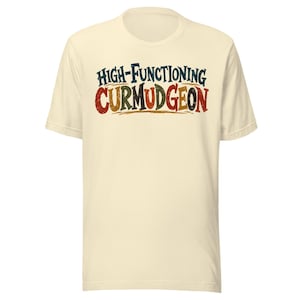 May include: A cream-coloured short-sleeve t-shirt featuring the text "HIGH-FUNCTIONING CURMUDGEON" printed across the chest. The lettering is styled in a distressed, multi-coloured font with shades of blue, red, orange, and green on the front.