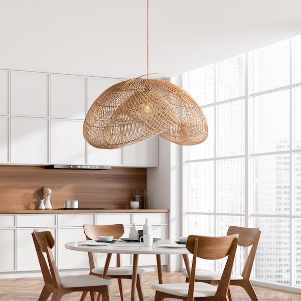 Elowen Rattan Pendant Light - Modern Organic, Farmhouse, Bohemian Lampshade, Bamboo pendant light, Rattan Furniture, Patio Pendant Light