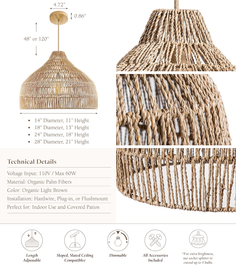 Camilla Rattan Pendant Light Modern Organic, Farmhouse, Bohemian Lampshade, Bamboo pendant light, Rattan Furniture, Patio Pendant Light image 4