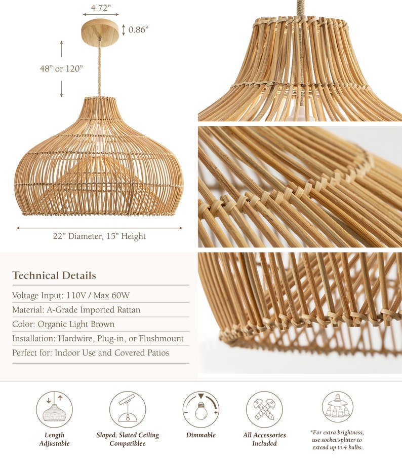 Rebba Rattan Pendant Light Boho Lamp, Bamboo Pendant Light, Boho Lamp, Farmhouse, Rattan Lampshade, Pendant Lighting, Ceiling Lighting image 3