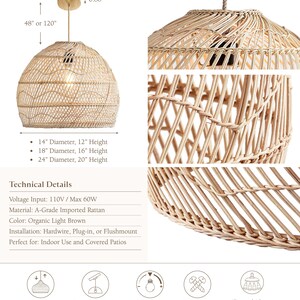 Evelyn Rattan Pendant Light Modern Organic, Farmhouse, Bohemian Lampshade, Bamboo pendant light, Rattan Furniture, Patio Pendant Light image 4